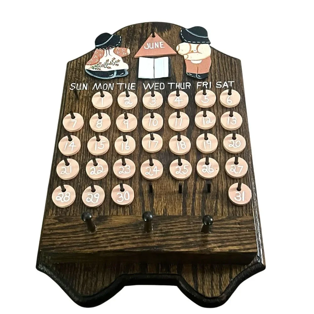 Vintage Country Folk Art Wooden Perpetual Calendar Key Holder Complete 18x11